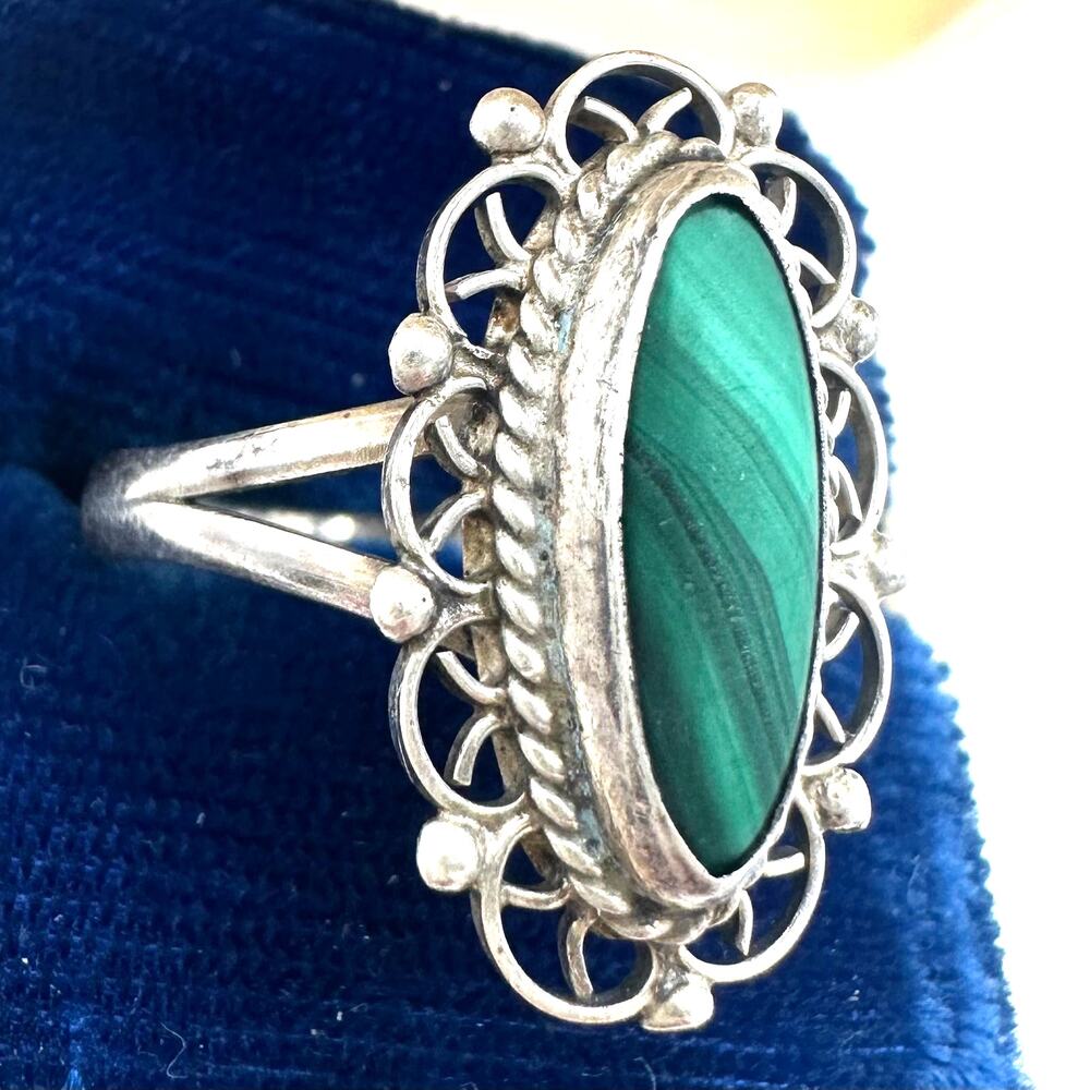 Taxco Mexico vintage 925 sterling silver green malachite cabochon ring size 9.5